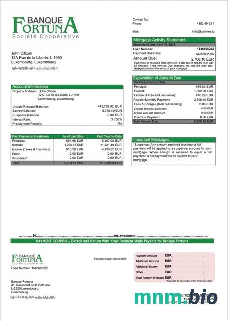 Luksemburg Banque Fortuna wyciąg z kredytu hipotecznego szablon Word i PDF